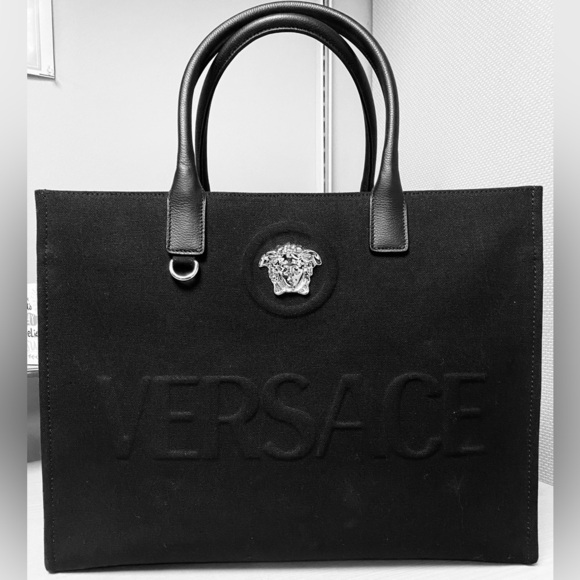VERSACE Black Large Tote Bag w/Silver Medusa and Branded Dust Bag, EUC
